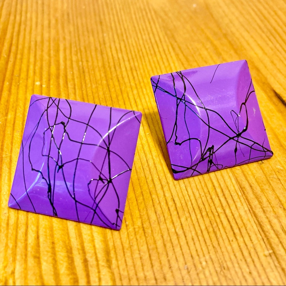Vintage 80s Purple Geometric Chunky Metal Earrings